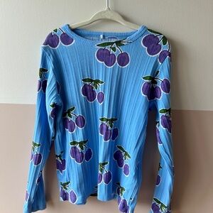 Mini Rodini Ribbed Blue Long Sleeve with Purple Plum Design